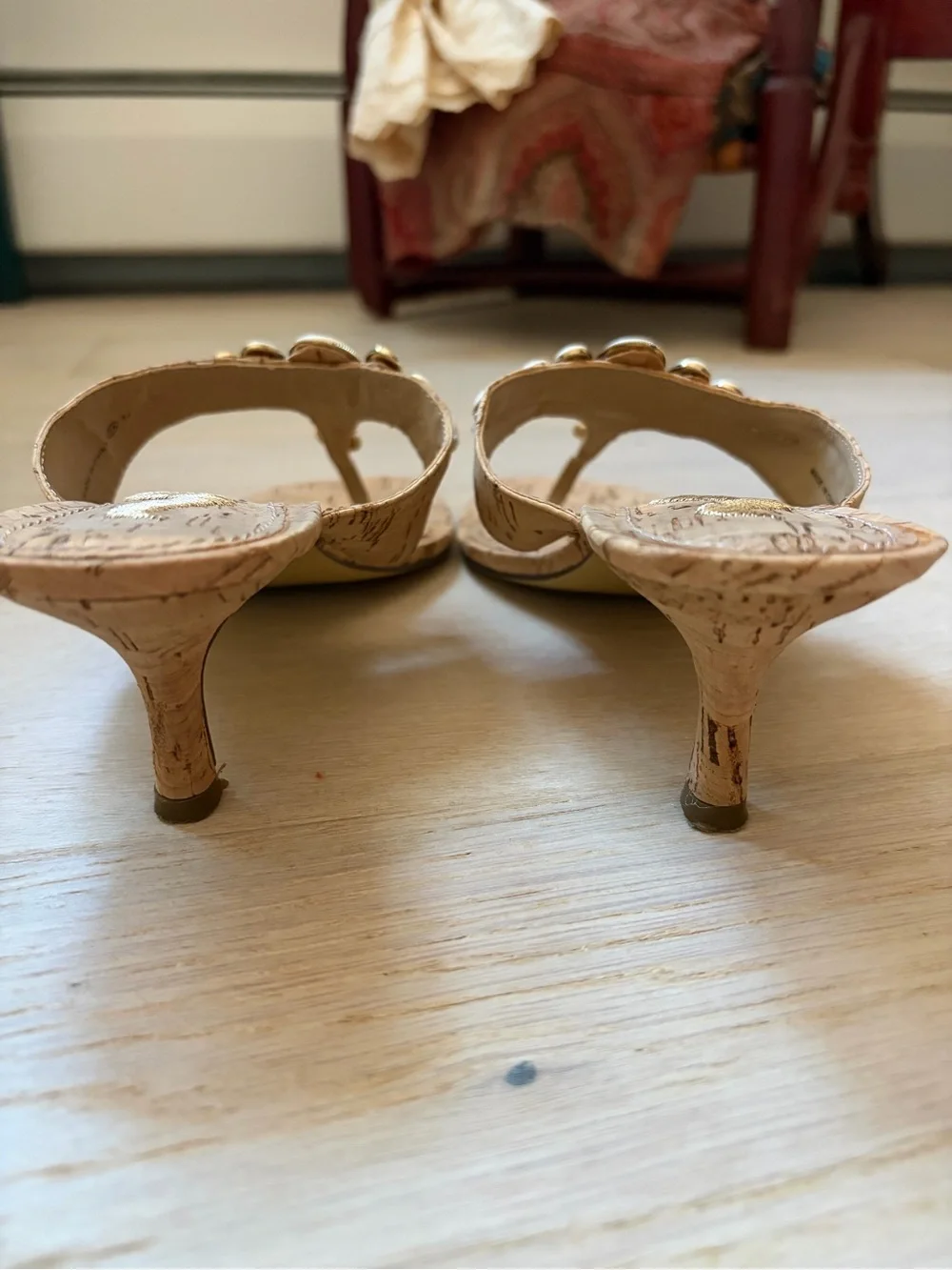 Nina Cork Thong Sandals with White Stone Accents